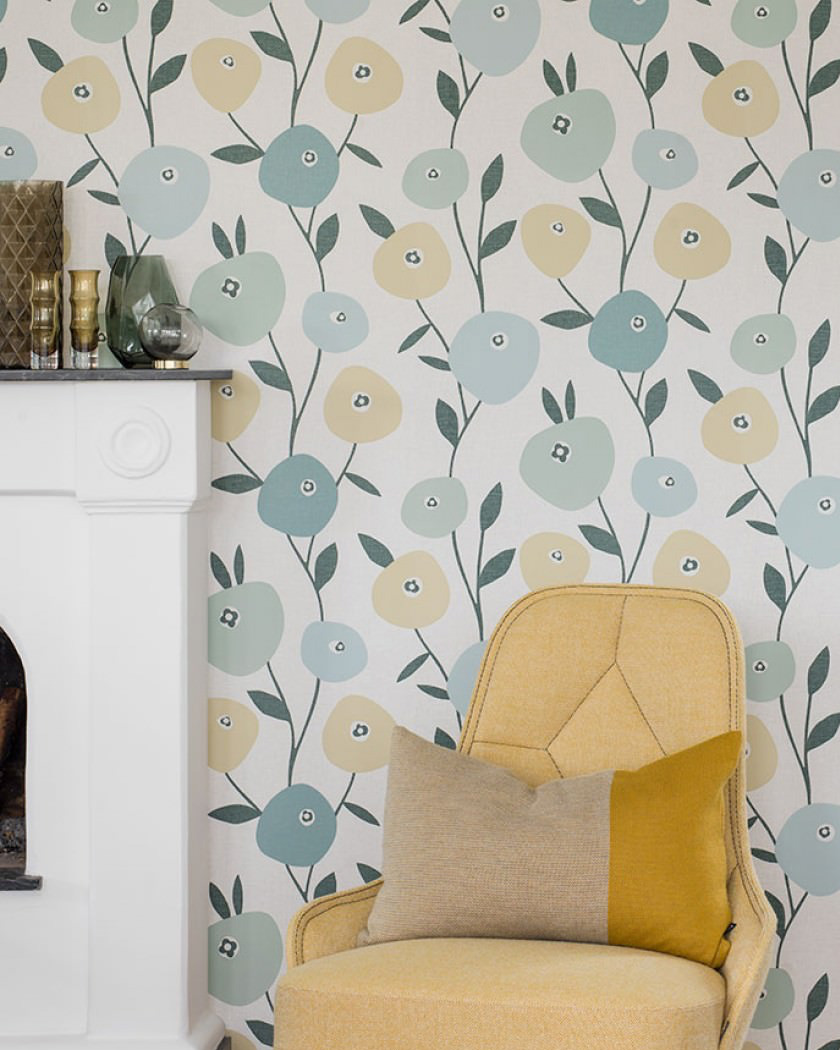 papier peint chambre bleu retro jaune bleu