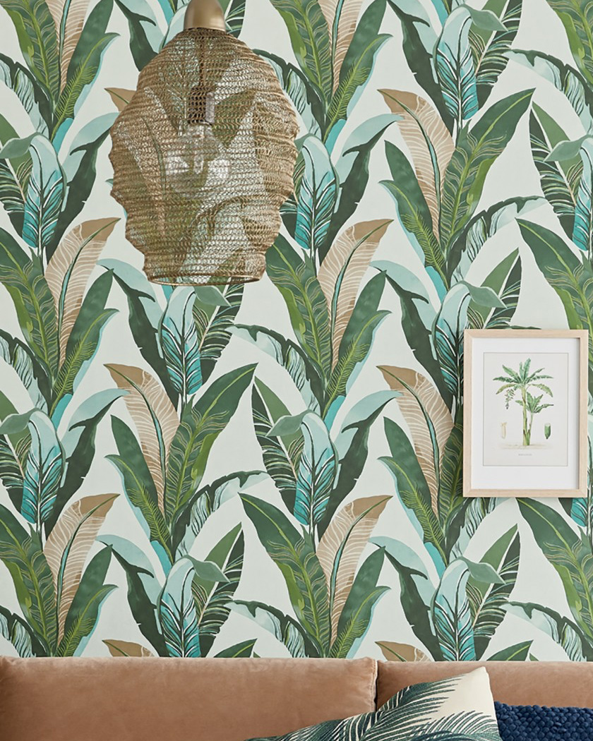 papier peint chambre tropical beige bleu or